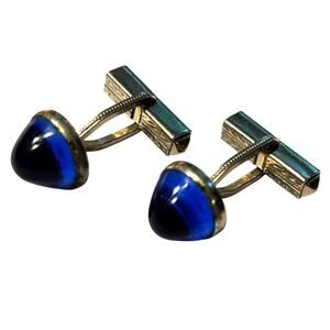 Vintage cufflinks set silver & blue jelly stone art deco style men’s jewelry